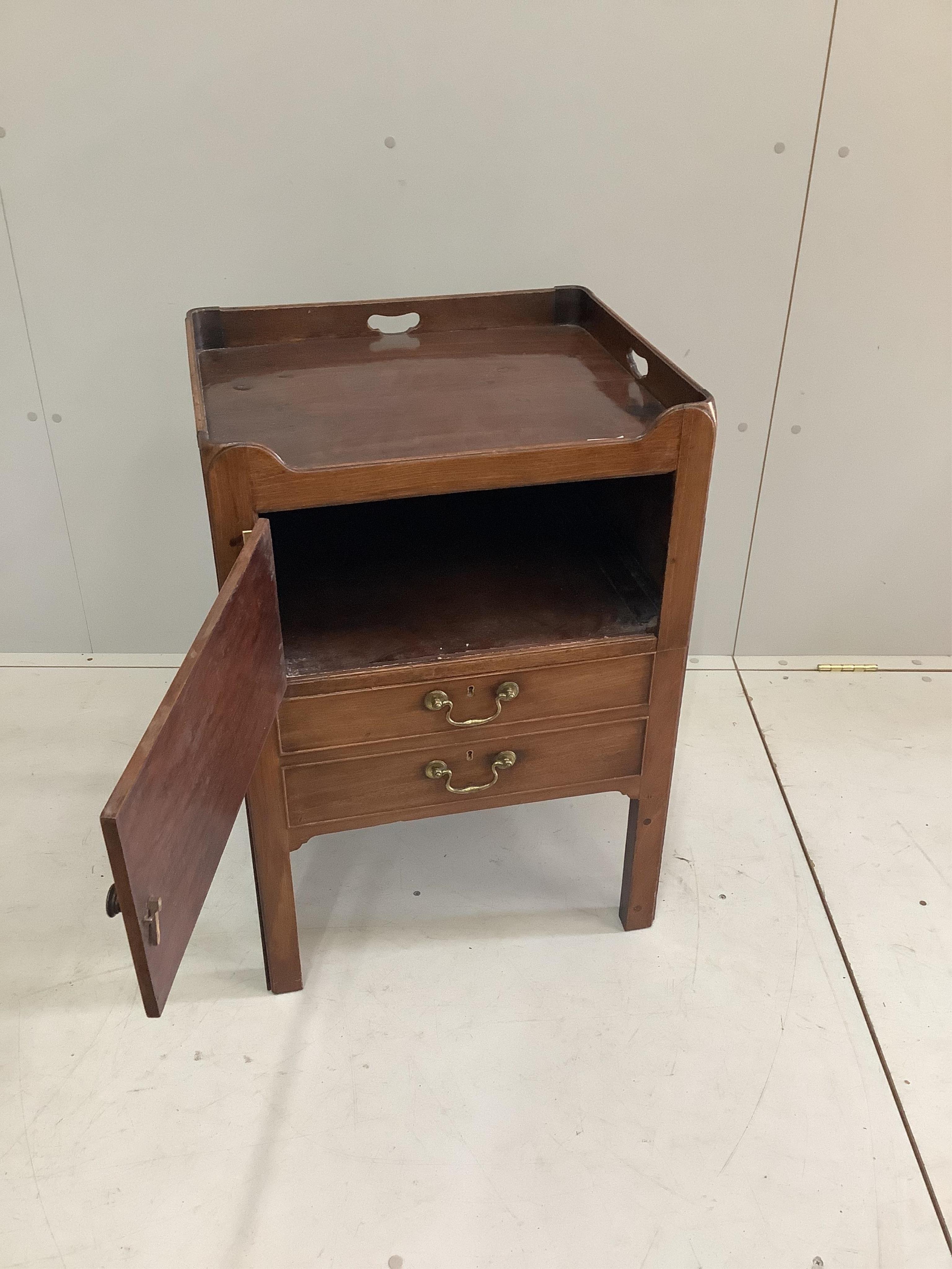 A George III mahogany tray top bedside cabinet, width 53cm, depth 45cm, height 76cm. Condition - fair